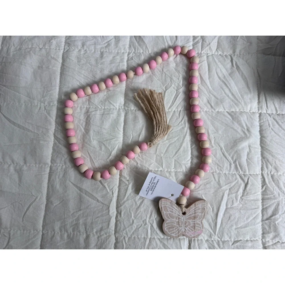 Dolly Parton NEW Pink Wood Bead Garland Butterfly Charm Jute Tassel 30 Inch